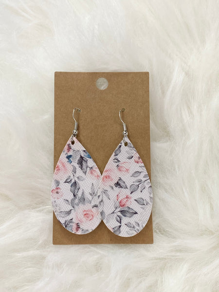 Pink Rose Gray Leaves Earrings